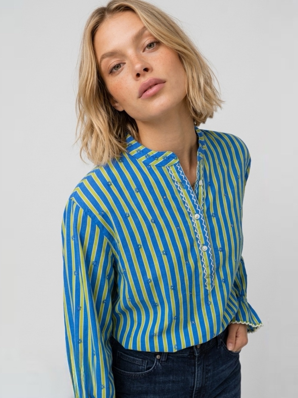 Nimo With Love - Flower Embroidery Broom Stripe Blouse retail $290